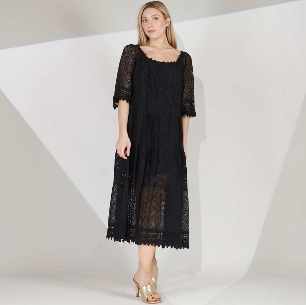 Lace Embroidered Midi dress black event occassion wedding Made in Italy /B10